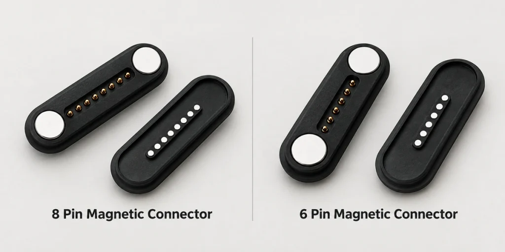 Eight-contact and six-contact magnetic connector comparison with eight contacts on the left and six on the right.