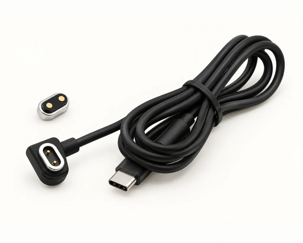 Two-contact USB-C magnetic cable bundle with its original separate two-pad silver receptacle.