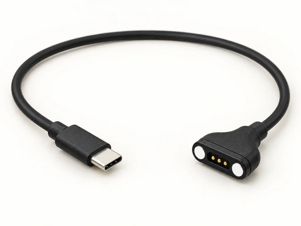 Complete three-contact USB-C magnetic cable with circular end magnets.