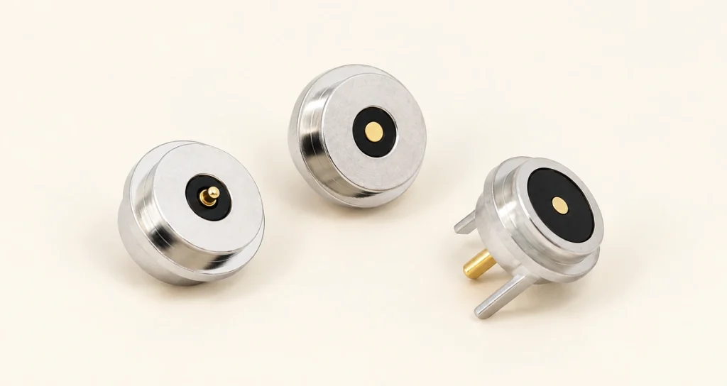 Single-contact circular magnetic connector and two silver receptacle variants.
