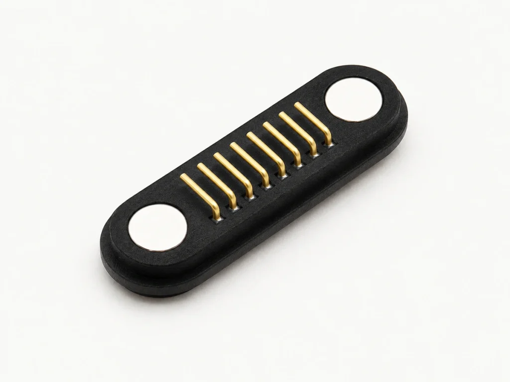 Rear view of an eight-contact magnetic connector with eight right-angle gold solder leads.