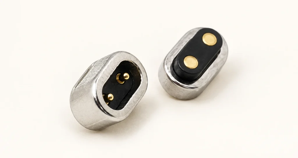 Two-contact silver magnetic connector pair with original oval housings.