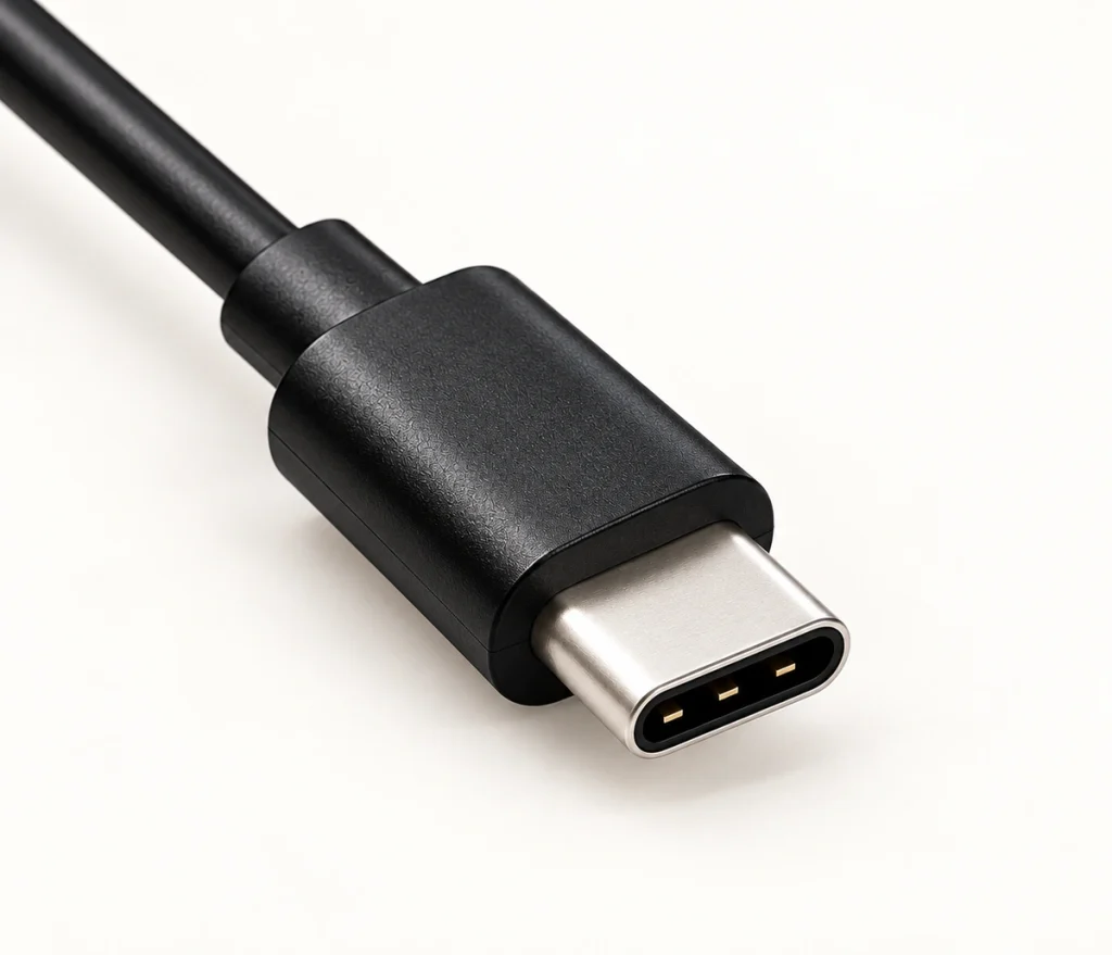Three-contact proprietary magnetic cable head with original oval silver interface.