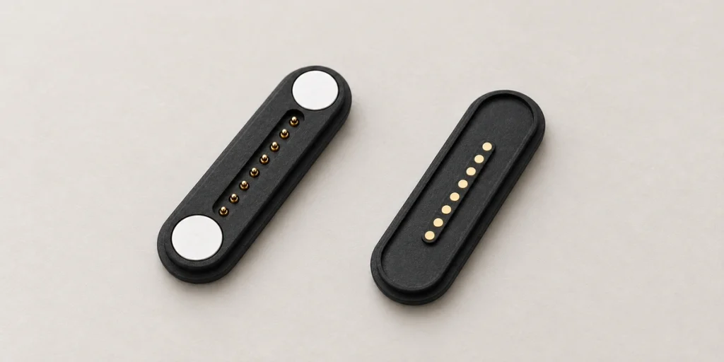 Eight-contact magnetic connector pair with original circular end magnets.