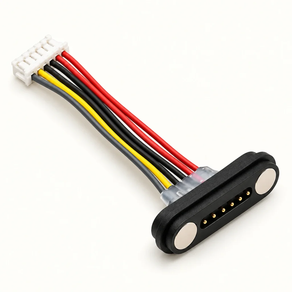 Six-contact magnetic wiring assembly with two red, two black, yellow and gray wires and a six-position plug.