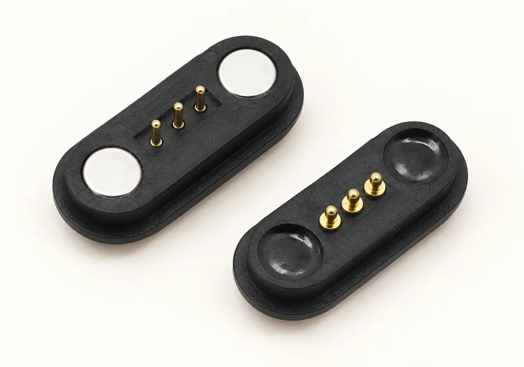 Rear solder views of the original three-contact magnetic connector halves.