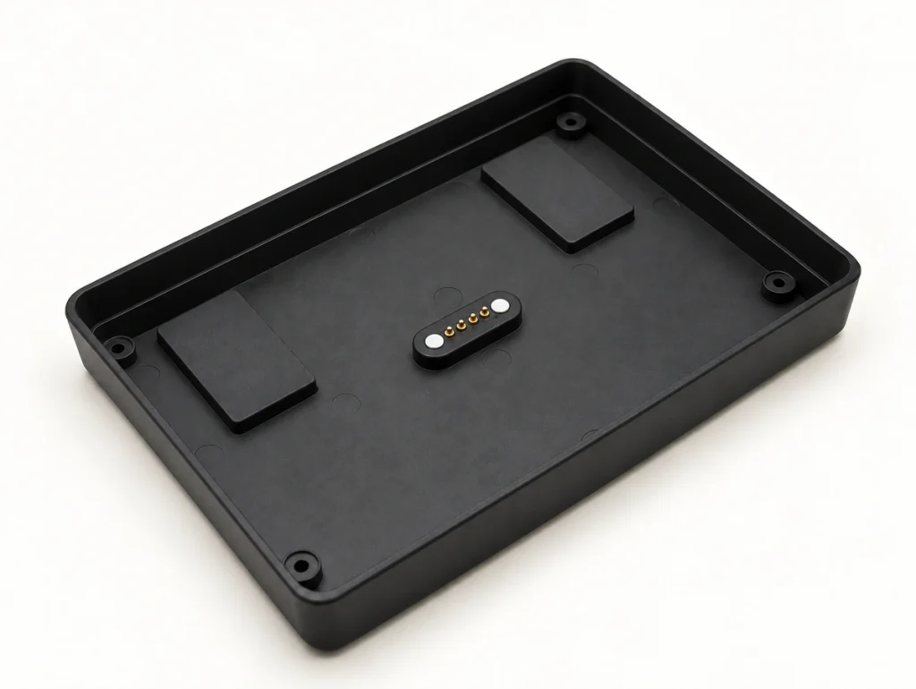 Black electronics housing tray with its original four-contact magnetic connector.