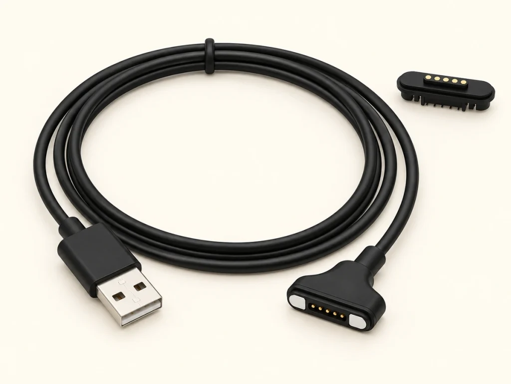 Five-contact USB-A magnetic cable with rear-entry head and original five-pad PCB receptacle.