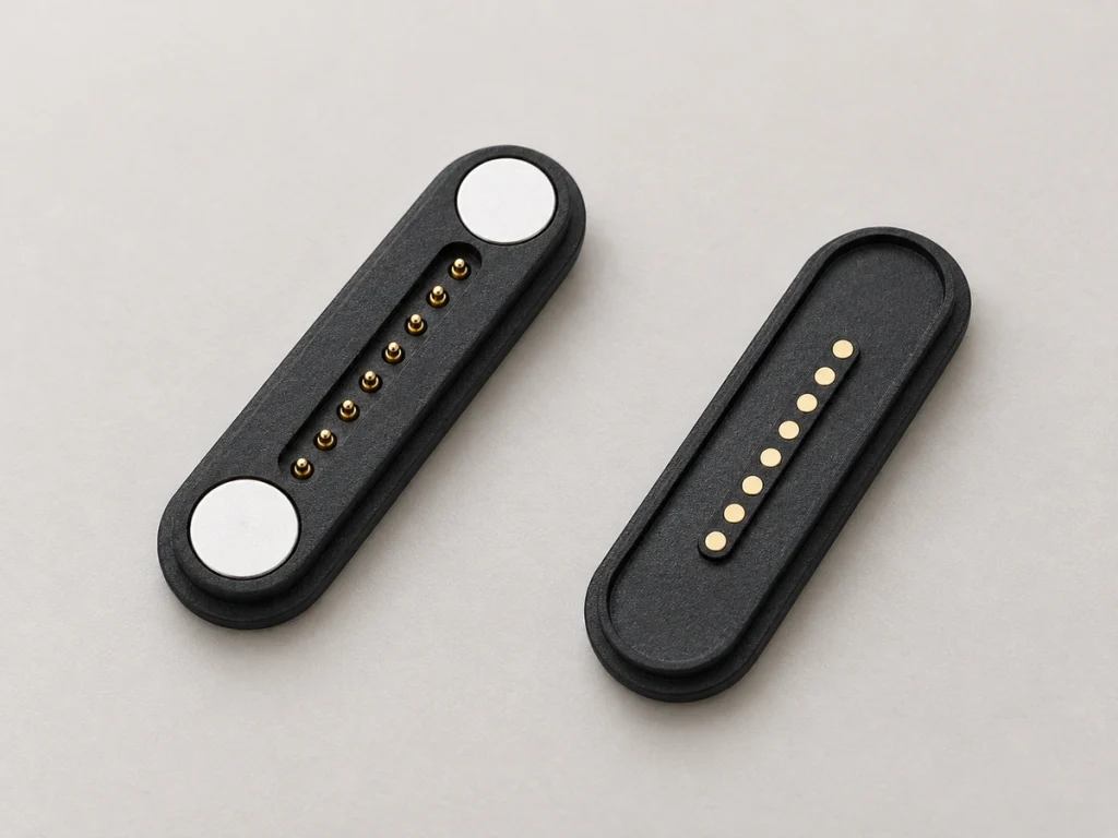 Eight-contact magnetic connector pair with original circular end magnets.