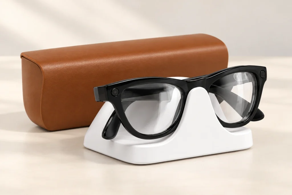 Black smart glasses on their original white charging stand with brown protective case.