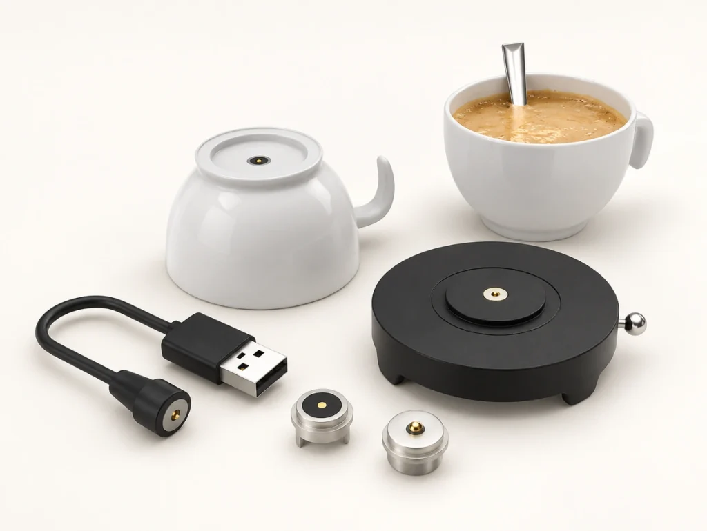 Cup docking application with circular single-contact magnetic connector components.