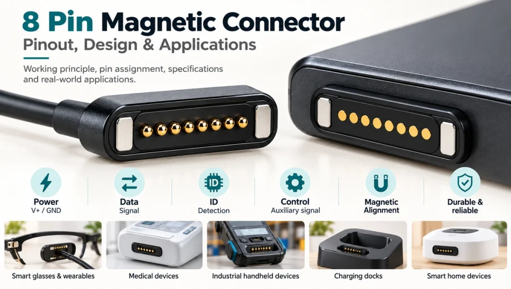 Eight-contact magnetic connector guide with pinout functions and five device application examples.