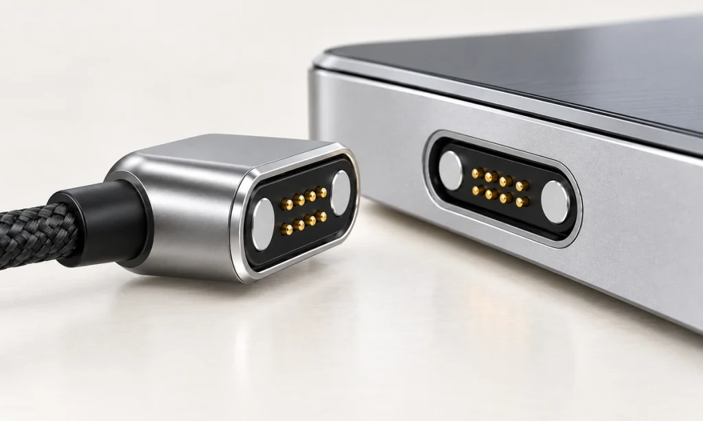 Silver magnetic connector and device with eight contacts in two rows of four on each interface.