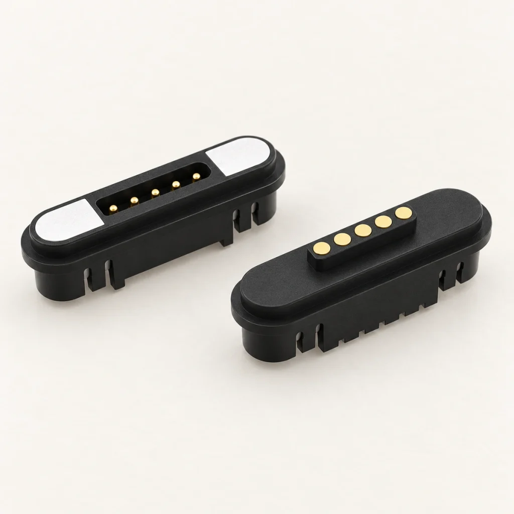 Five-contact black magnetic connector pair with original rectangular end magnets and side mounting slots.