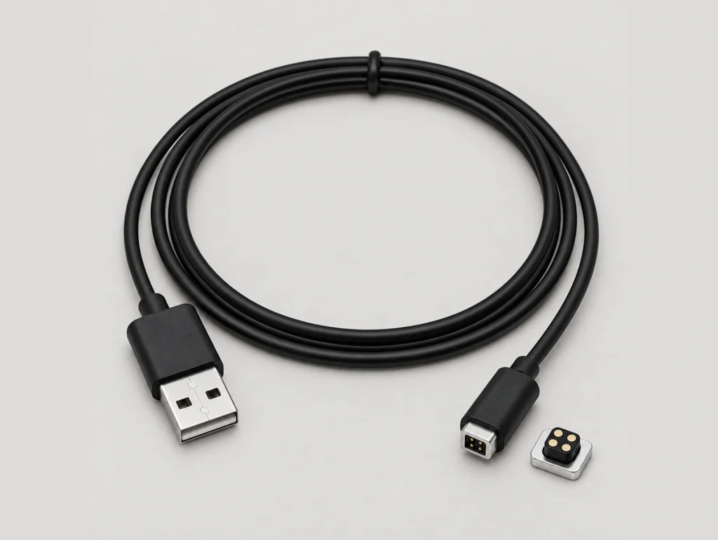 Four-contact square magnetic charging cable and separate device receptacle.