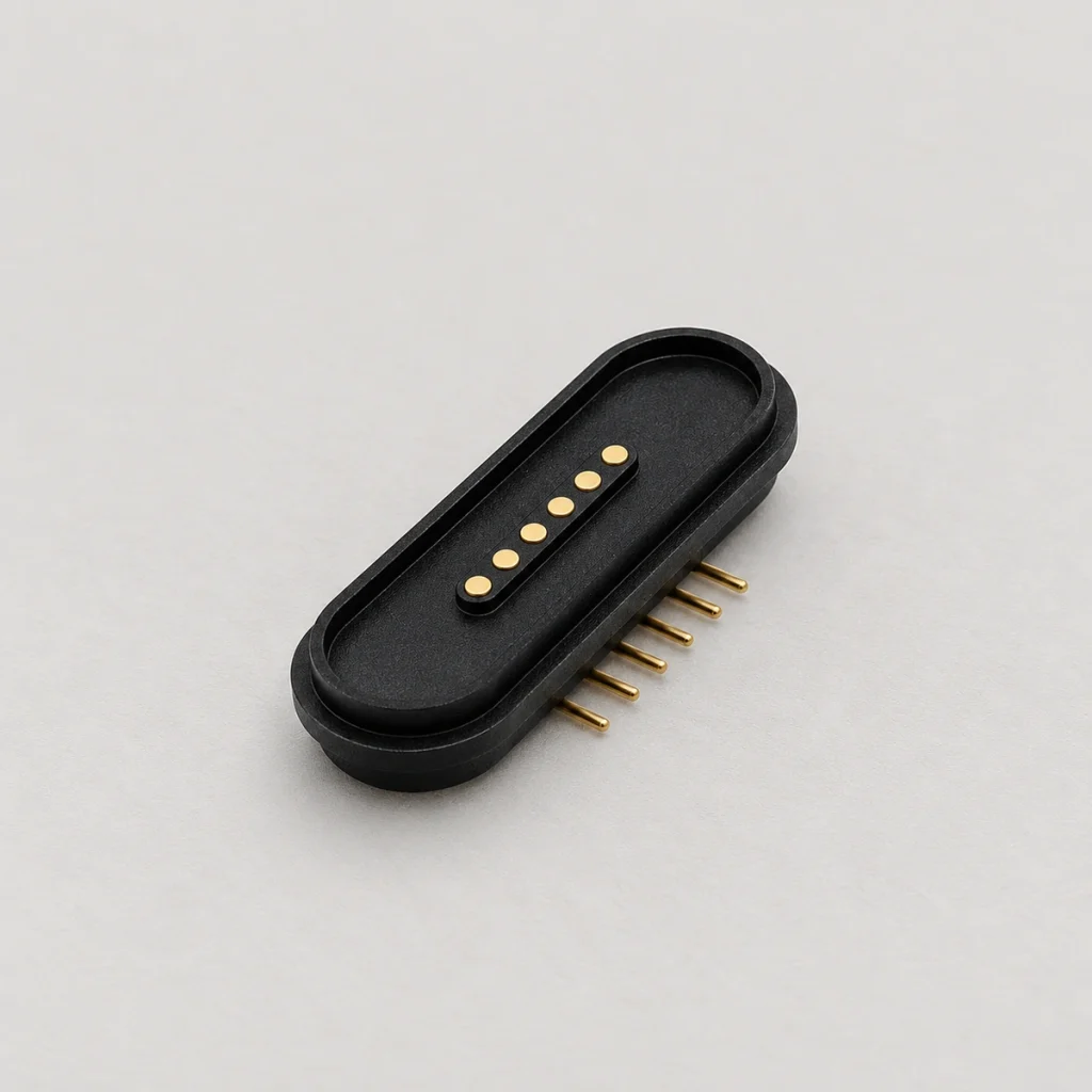 Six-flat-pad oval connector with six straight solder leads.