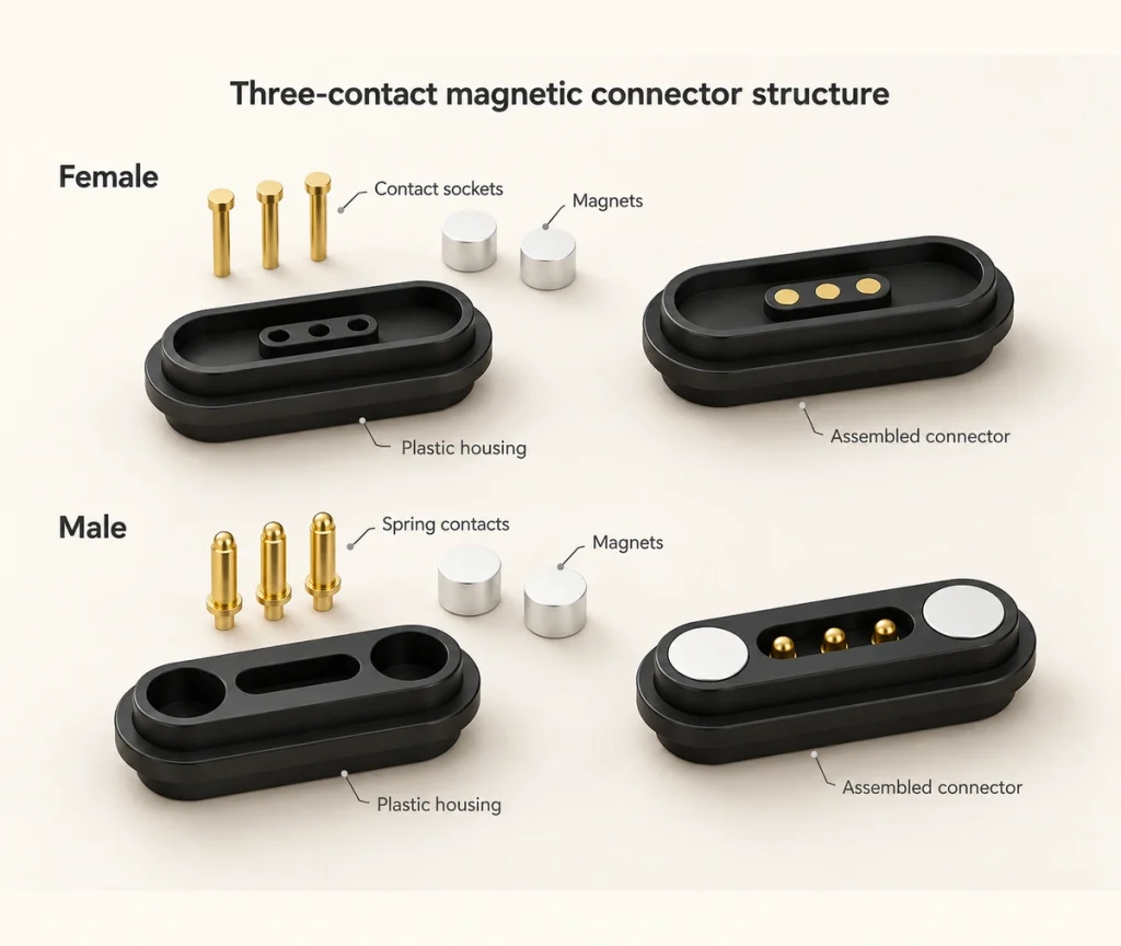 Three-contact magnetic connector components and assembled halves.