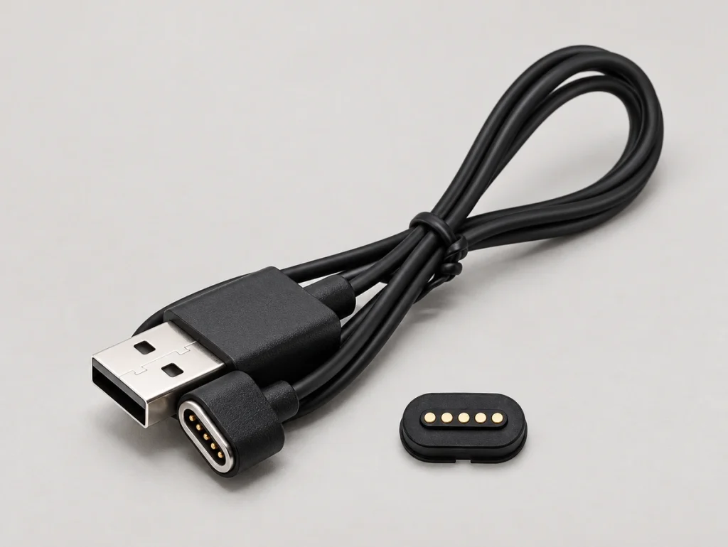Complete five-contact USB-A magnetic cable with separate five-pad oval receptacle.