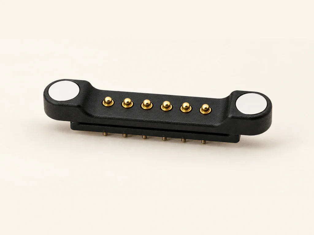 Six raised-contact black magnetic connector with two white circular end magnets.