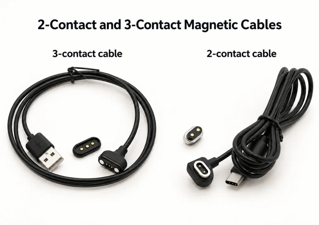 Two original magnetic charging cable and connector examples with three-contact and two-contact interfaces.