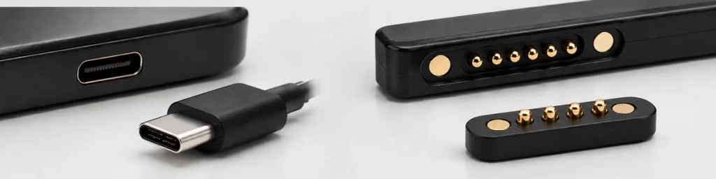 USB-C magnetic connector examples with original six-contact and four-contact device interfaces.