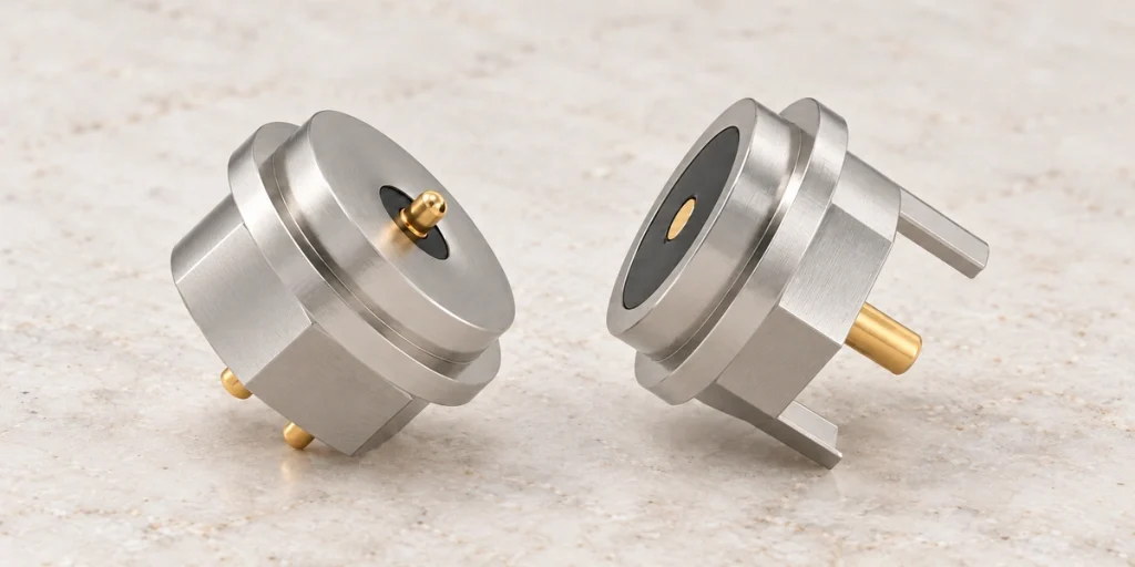 Single-contact faceted silver magnetic connector halves with original solder feet.