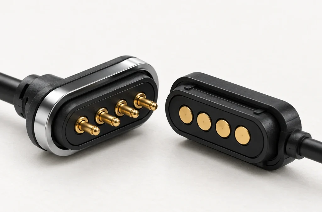 Four-contact magnetic cable pair with silver-rimmed and flat-pad ends.
