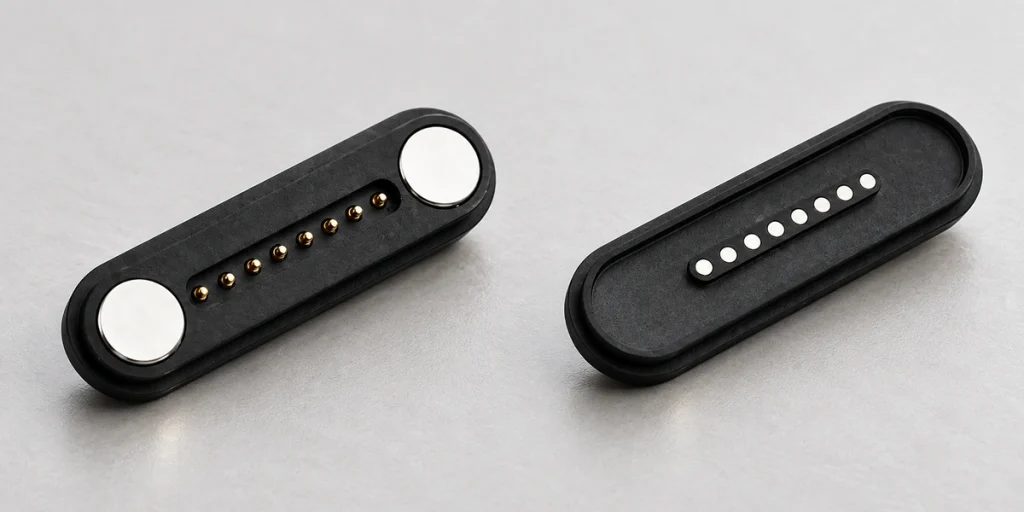 Eight-contact black magnetic connector pair with end magnets and eight silver mate pads.