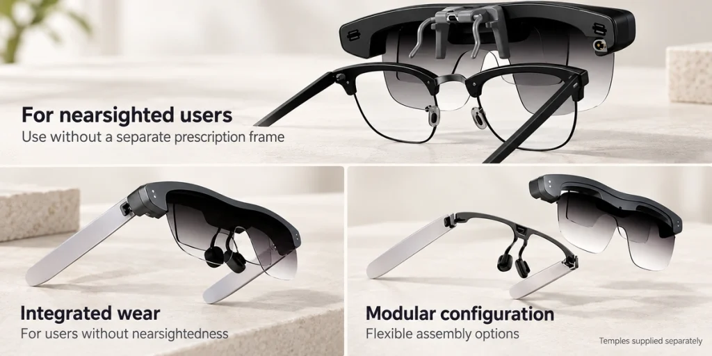 Three configuration views of visor-style smart glasses with pale silver temple arms.