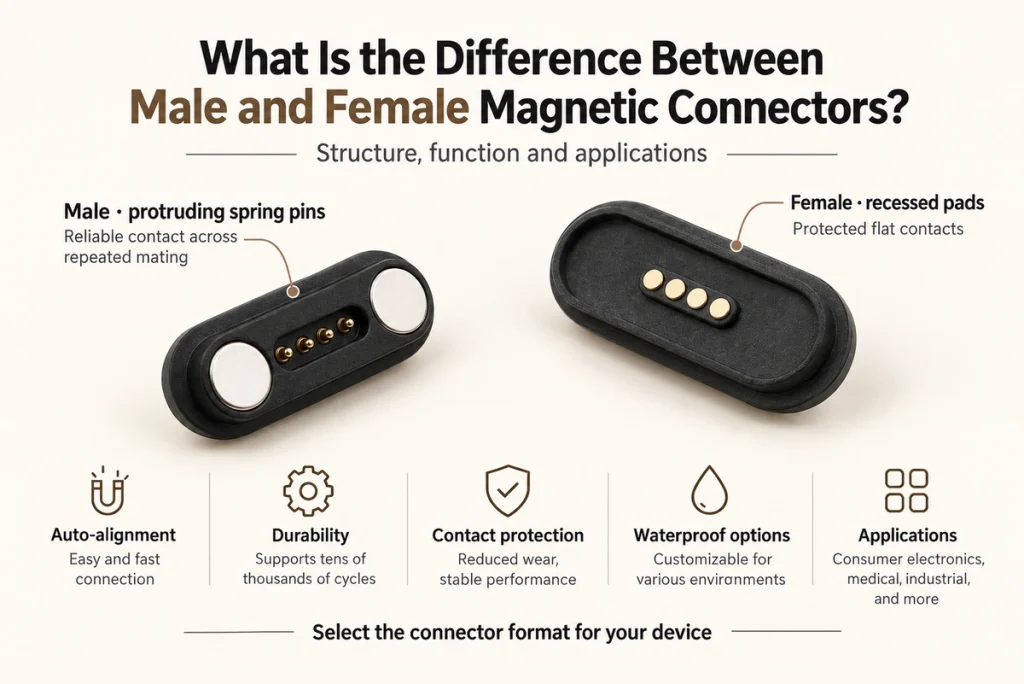 Male and female four-contact magnetic connector, with original magnets and pad geometry.
