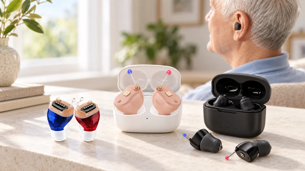Hearing devices and charging cases arranged in a clean light studio setting.