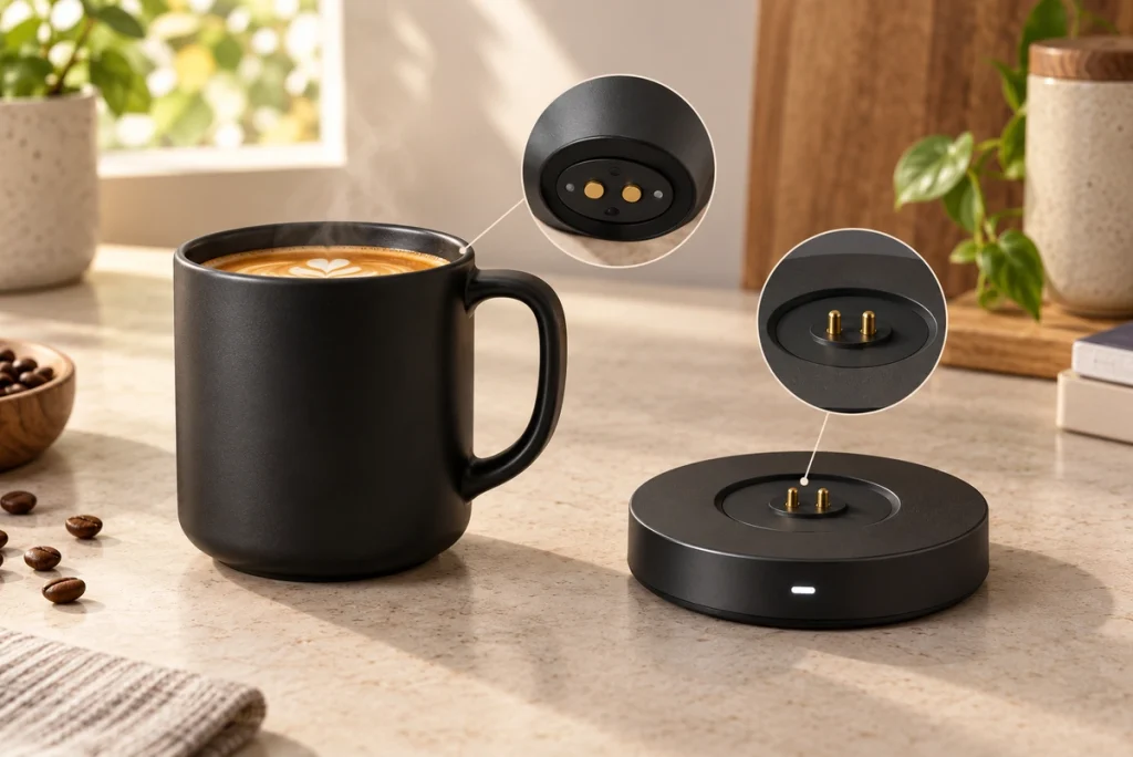 Two-contact magnetic cup charging base with separate cup underside and spring contacts.