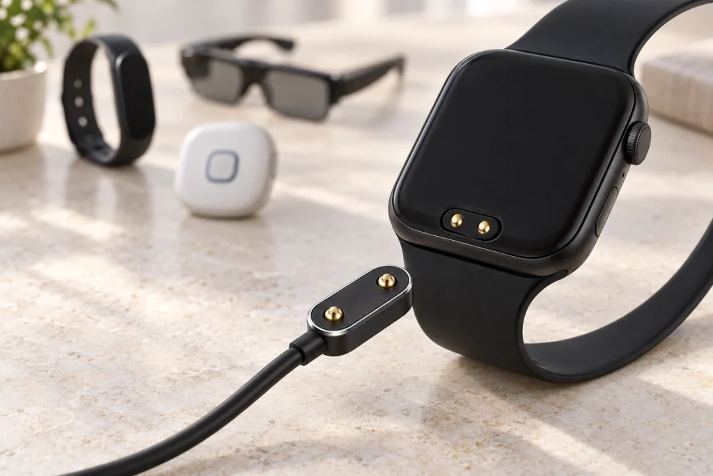 Smartwatch rear charging pads and matching two-contact charging cable.