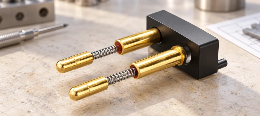 Two parallel gold spring-loaded contact probes mounted in a black block.