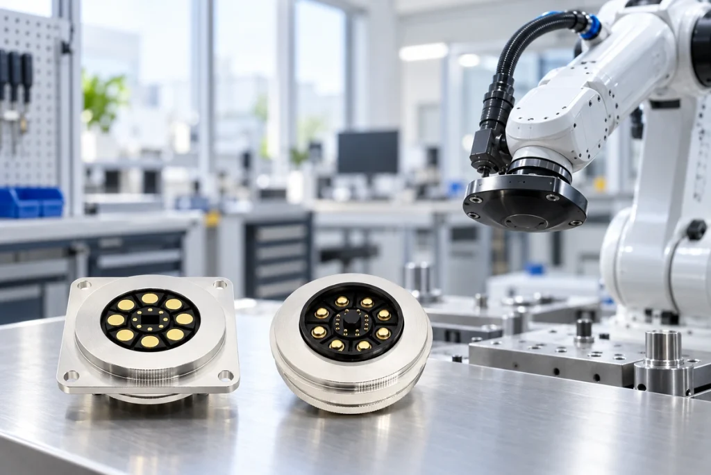 Industrial robot concept beside two round high-current socket halves with eight outer contacts.