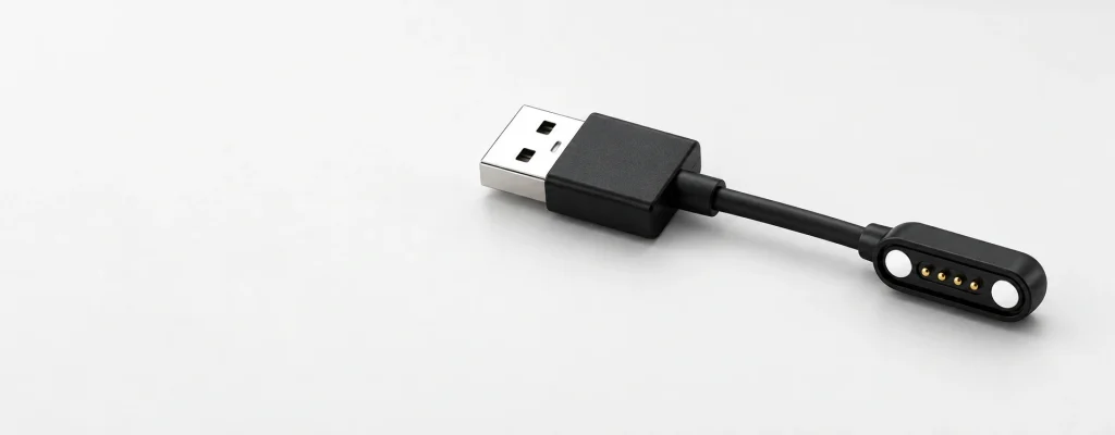 Four-contact USB-A magnetic charging cable on a pale studio surface.