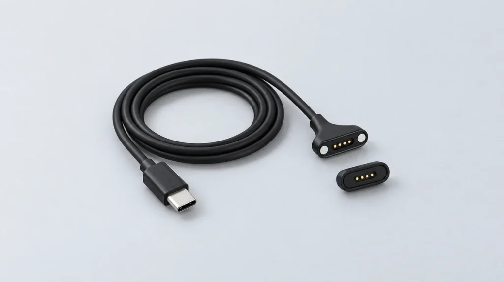 Four-contact USB-C magnetic cable with a matching oval receptacle on a pale tabletop.